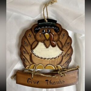 Vintage Handmade Wooden Twine Turkeys Give Thanks Wall Hanging Thanksgiving